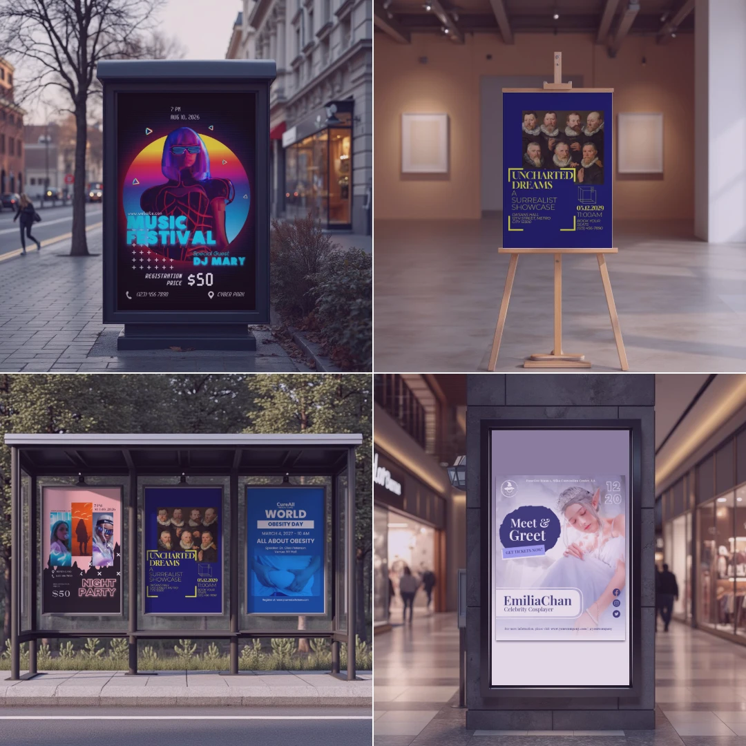 Four different advertising displays in urban settings showcasing various events and products.