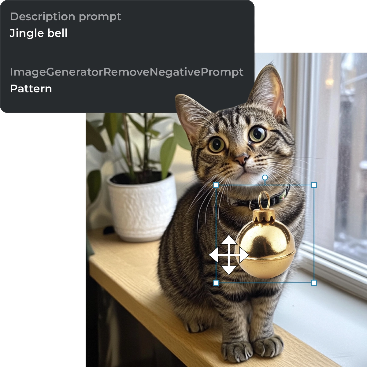 Curious tabby cat on windowsill with golden jingle bell ornament Potted plant nearby Bright natural light Image editing interface visible
