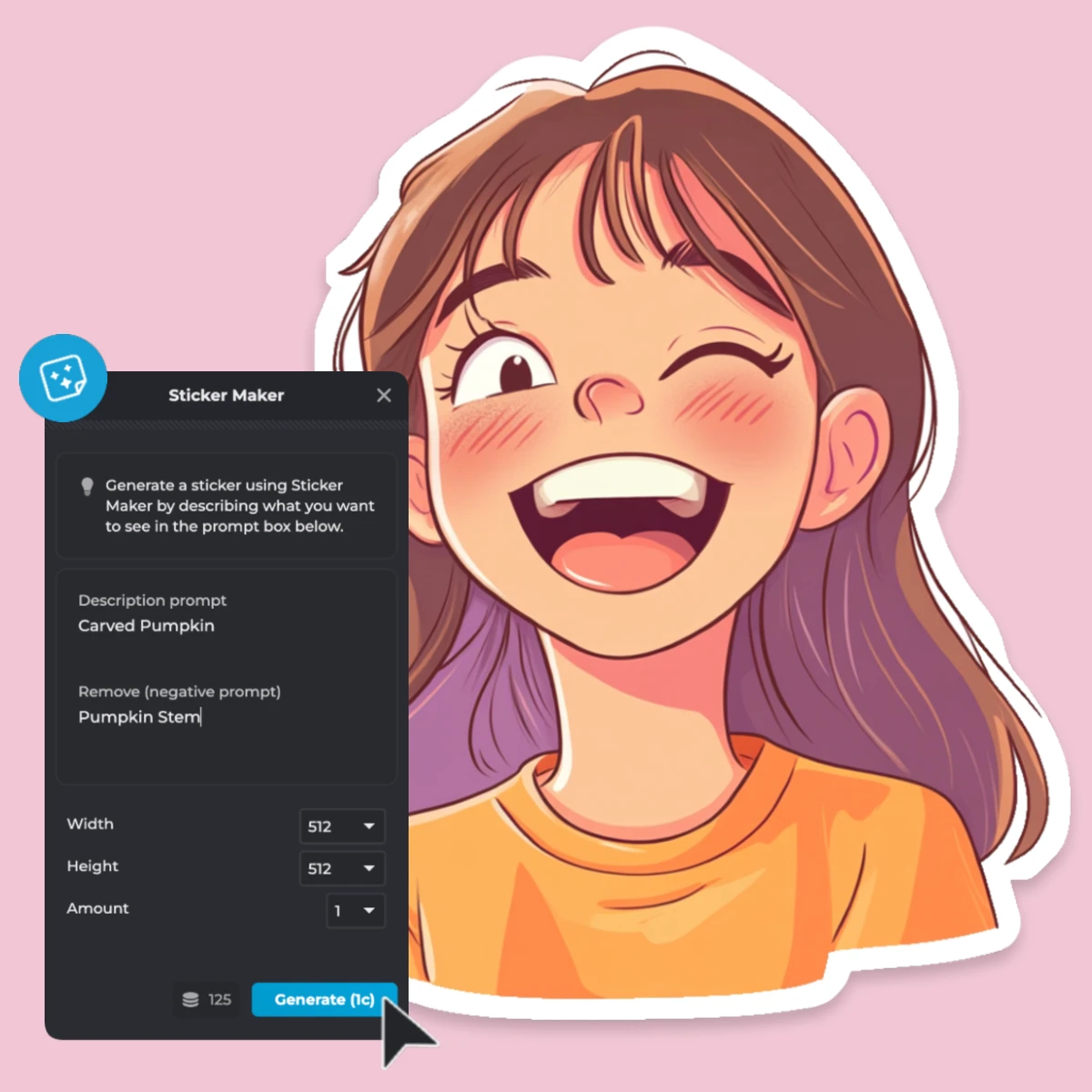 Illustration of a joyful girl with wide smile, software interface for a sticker maker in the background.