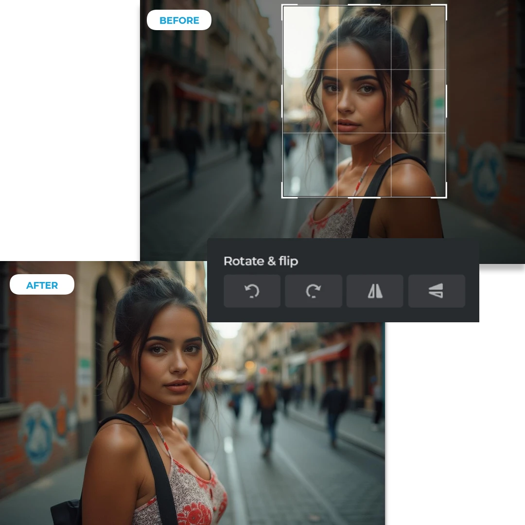 Editing interface showing a before and after of a rotated photo in an urban setting.