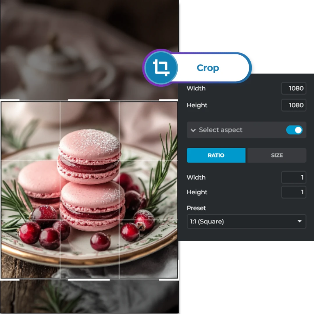 Editing interface cropping a photo of pink macarons on a plate with berries.