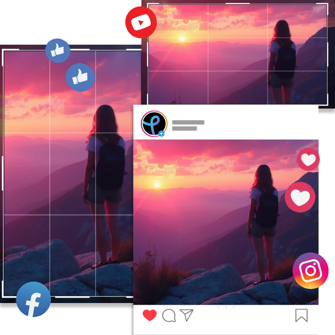 Woman with backpack watching sunset over mountains, image overlaid with social media icons and likes.