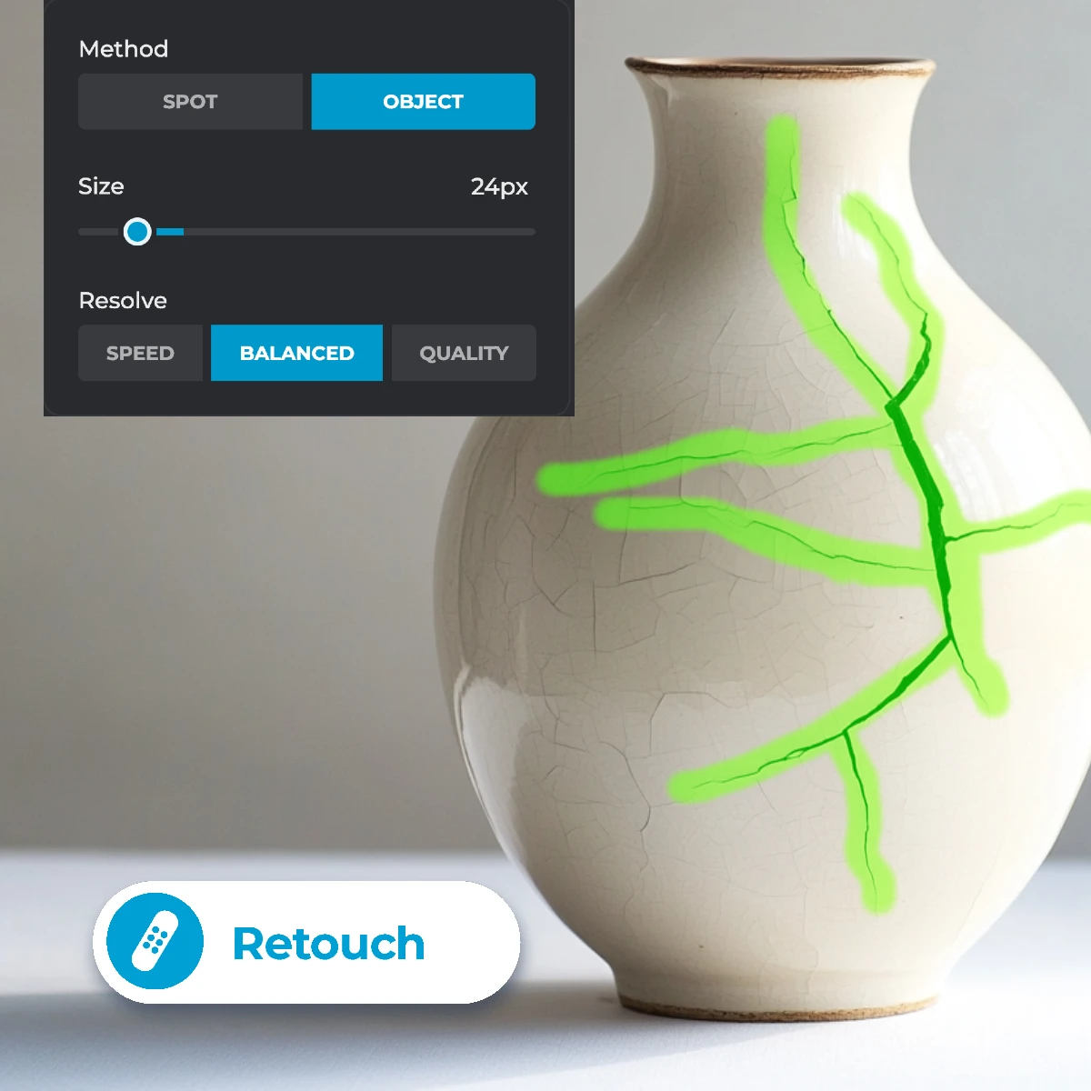 A cracked white vase with green markings displayed alongside a digital retouching tool interface for editing options.