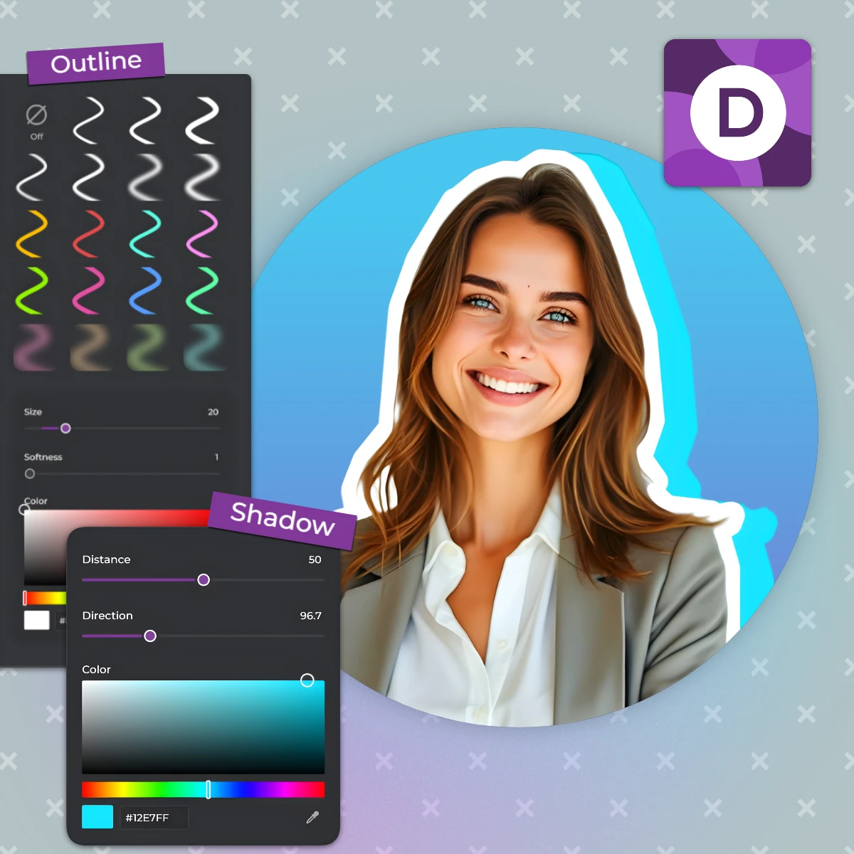 A stylized digital avatar of a person with design tool overlays for outlines and shadows.