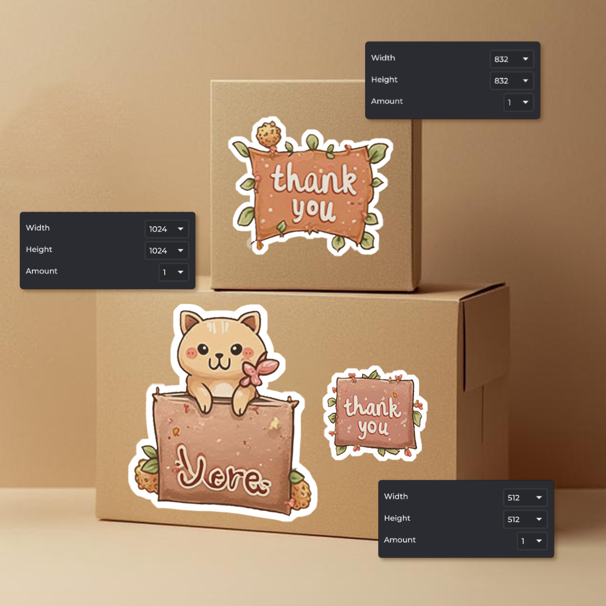 Stickers with cute animals and 'thank you' designs beside cardboard boxes with sizing UI.