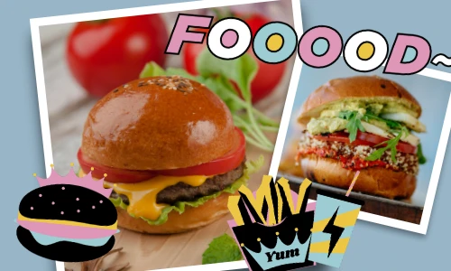 A collage of stylized burgers with the word 