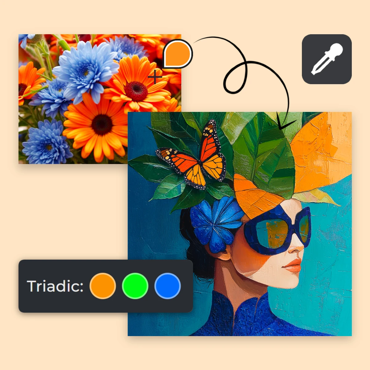 Graphic design concept with colorful flowers, butterfly artwork, and a 'Triadic' color scheme label.