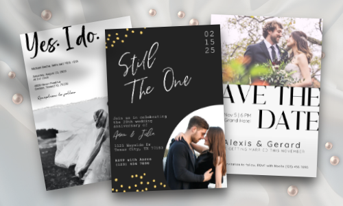 Three wedding invitation designs featuring elegant typography and festive themes, celebrating love and special dates.