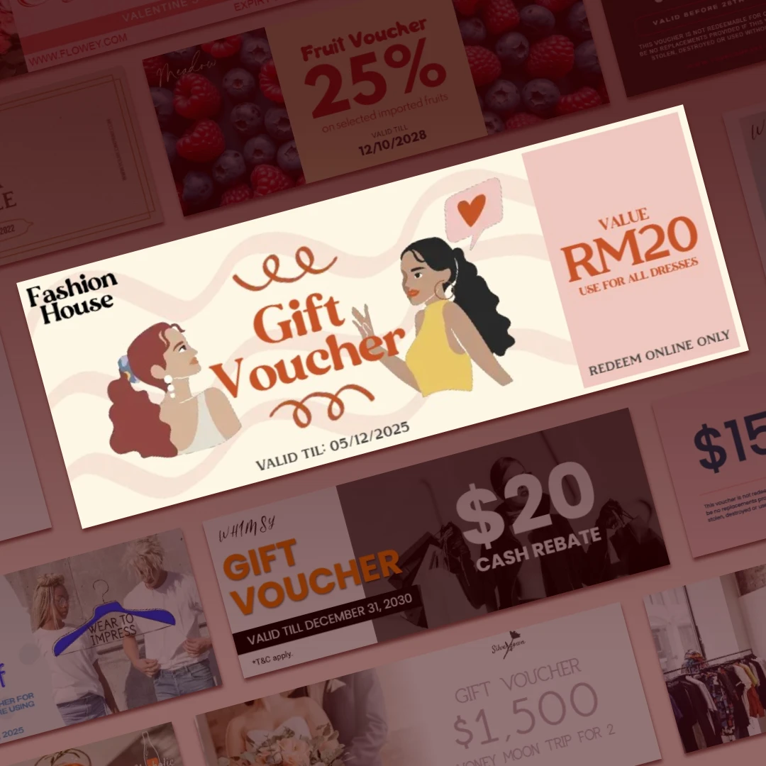 A vibrant gift voucher from Fashion House, offering RM20 for use on all dresses, valid until 05/12/2025, redeemable online only.