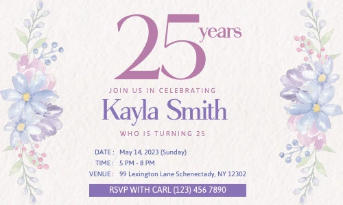 Invitation card for Kayla Smith's 25th birthday with floral design and event details.