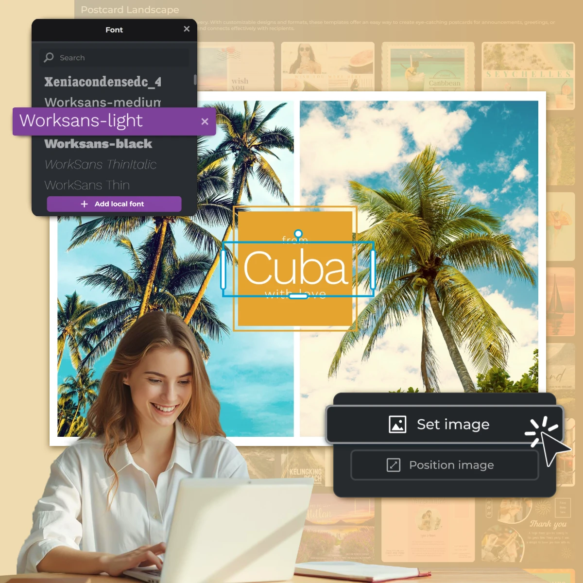 Design interface Cuba postcard Woman using laptop Palm trees beach scene Font selection menu Worksans light chosen Set image option Various template thumbnails