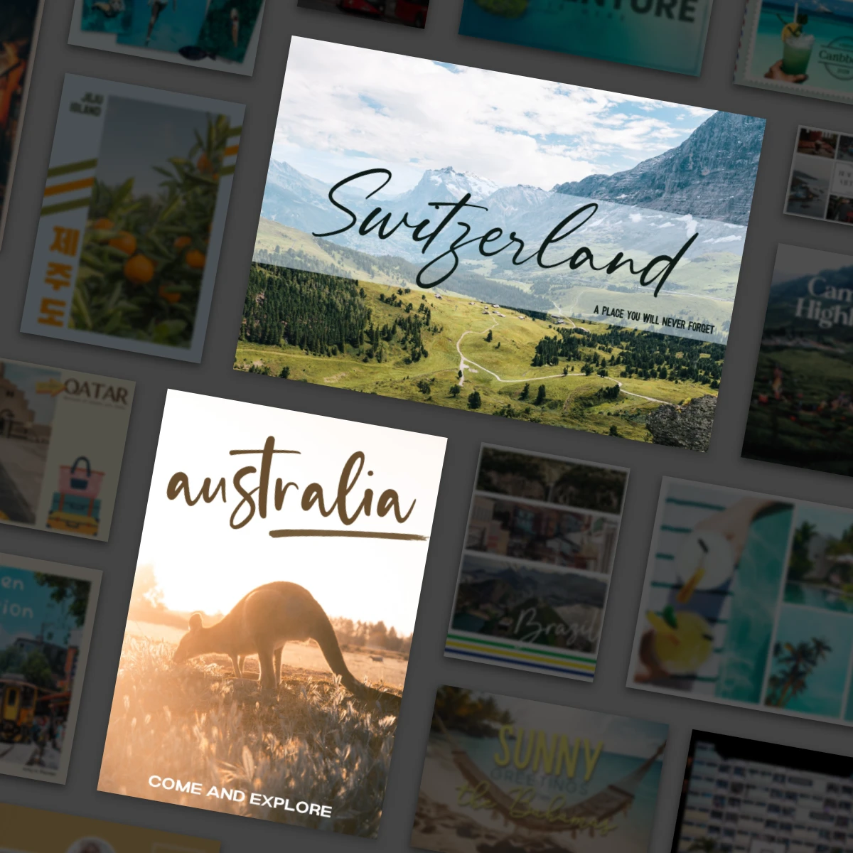Travel postcards collage Switzerland mountain landscape Australia kangaroo silhouette Various destination thumbnails Come and explore tagline Gray background