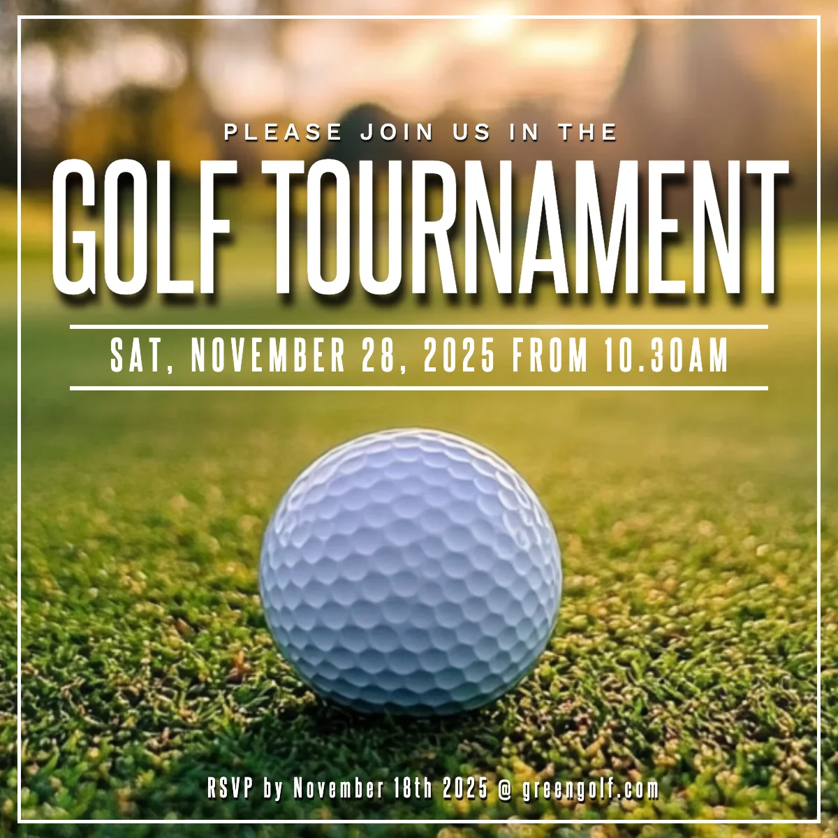 Invitation to a golf tournament on November, with a close-up of a golf ball on grass.