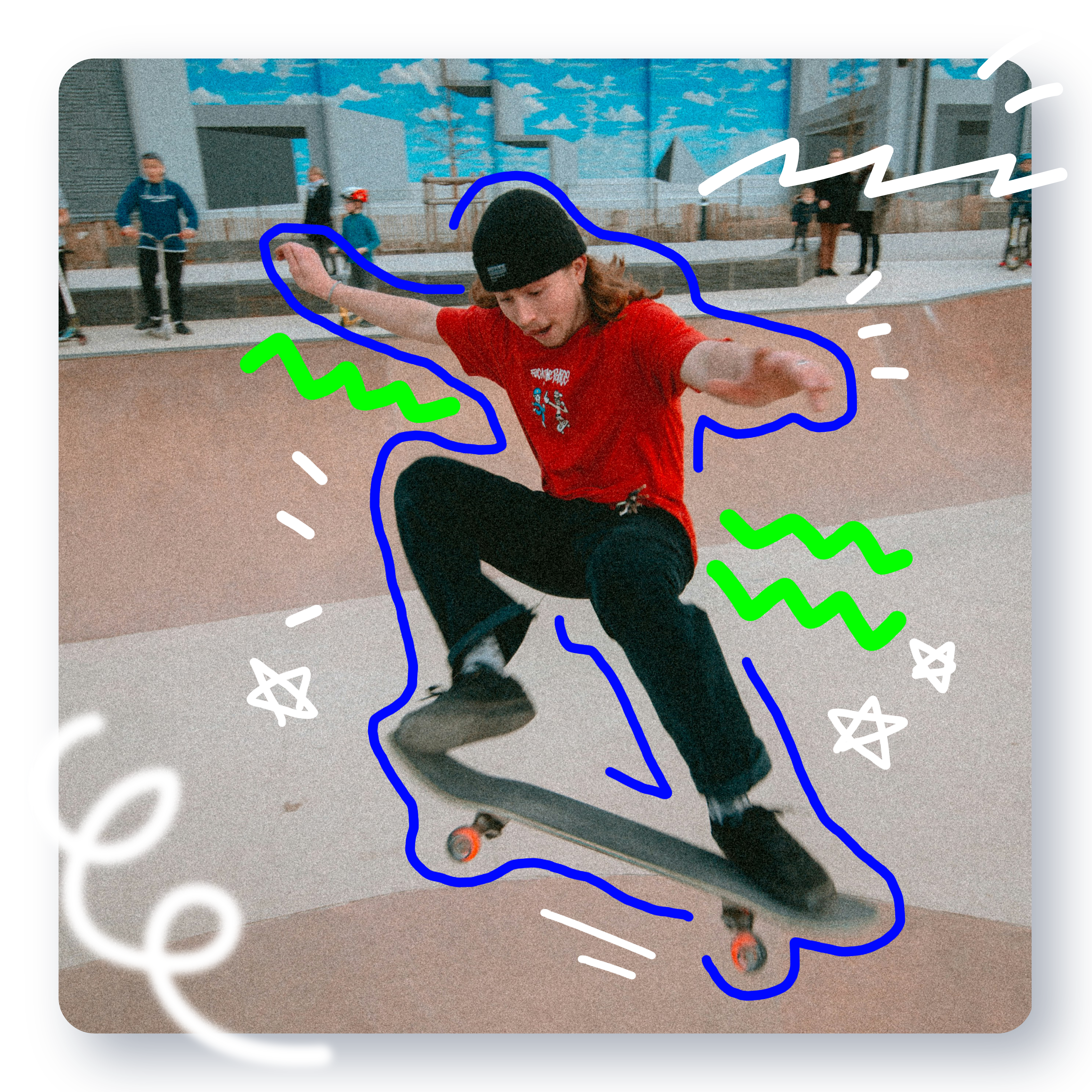 A skateboarder mid-jump with hand-drawn colorful outlines and doodles, created using Pixlr’s Draw Tool for adding unique artistic touches.