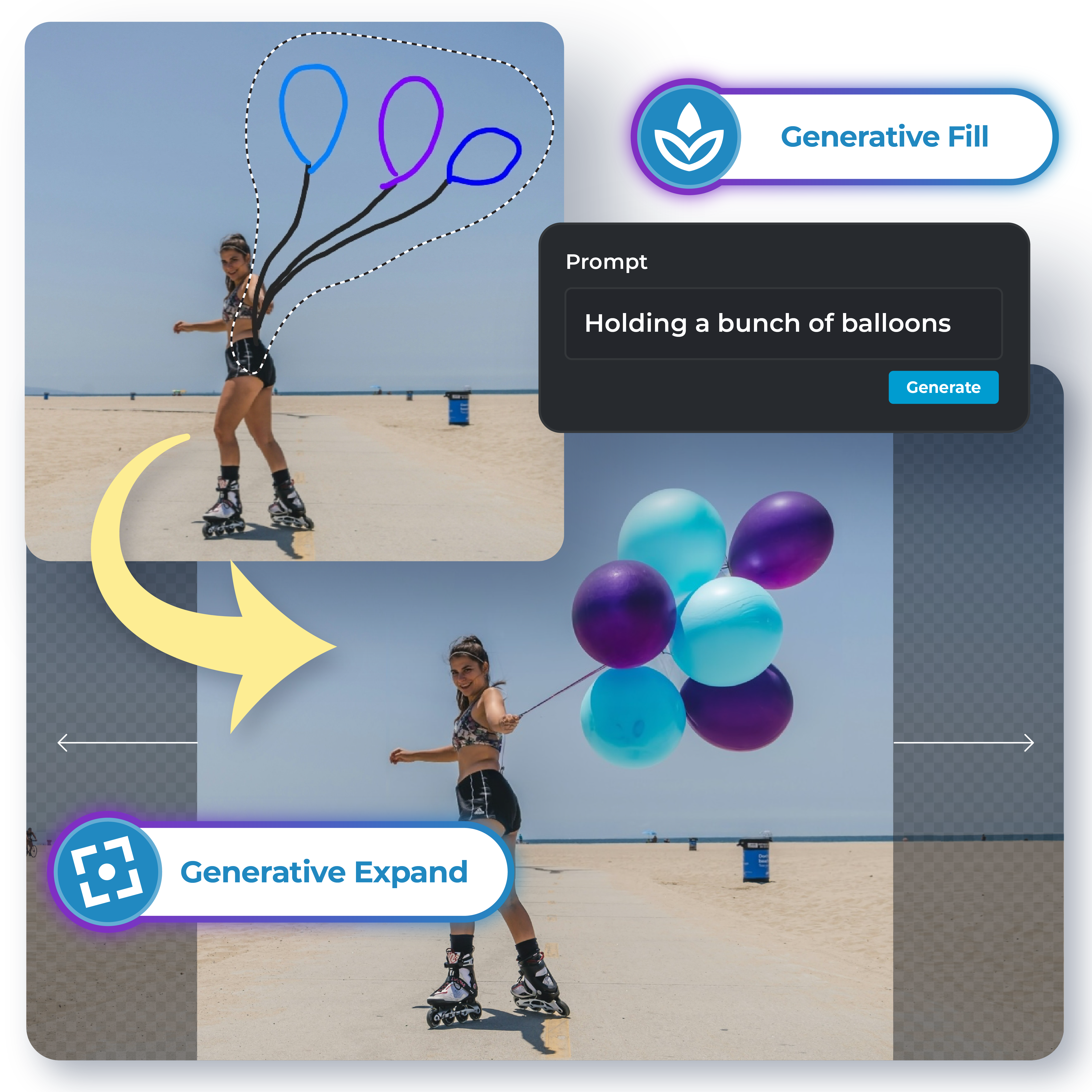 An example of Generative Fill in action, adding balloons to a roller-skater image with AI-generated elements, guided by a hand-drawn sketch prompt.