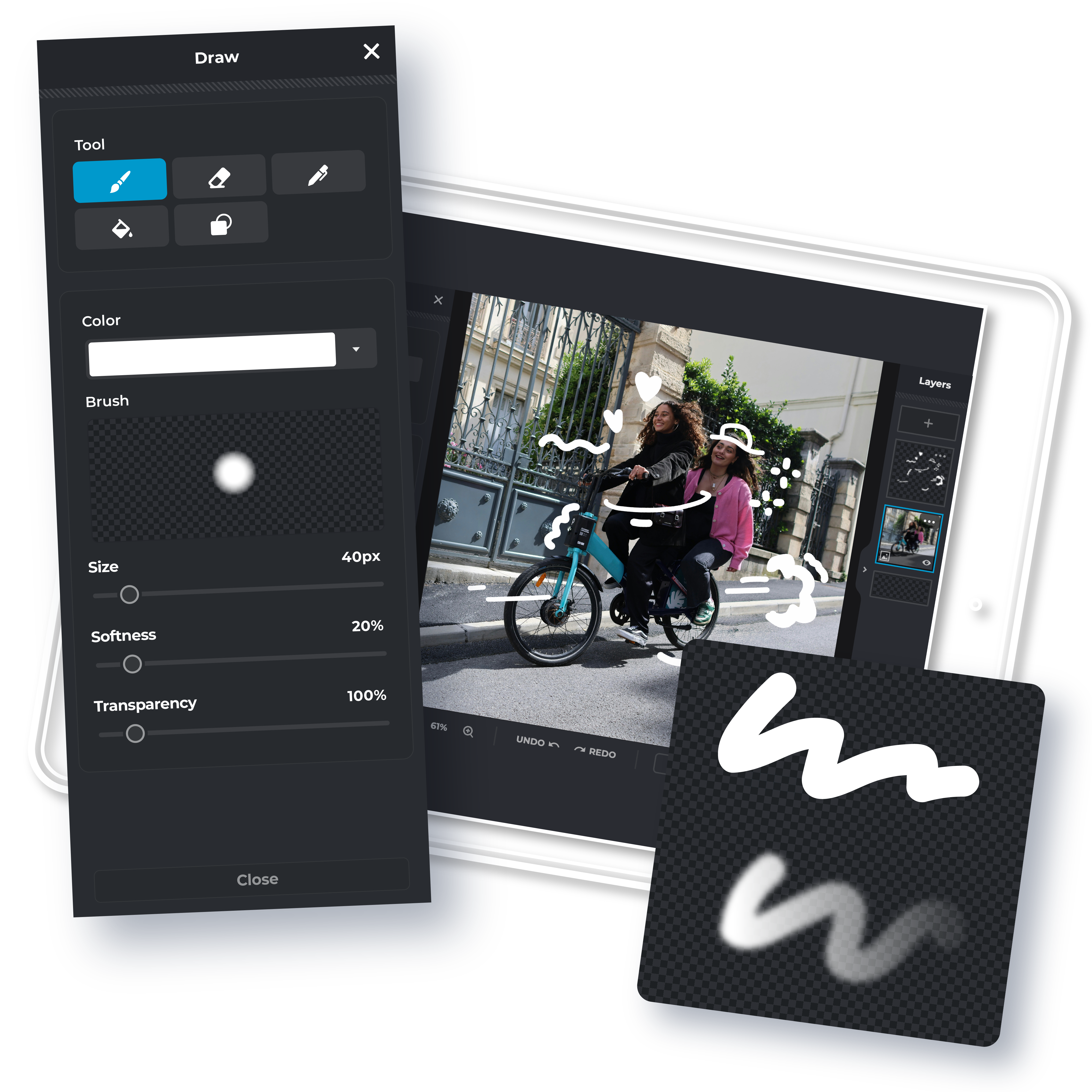 Pixlr’s Draw Tool interface displayed on a tablet, with hand-drawn elements over a photo of two friends riding a bicycle, showcasing brush customization options.