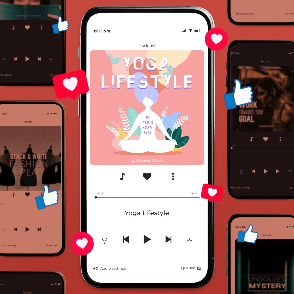 Podcast app interface Yoga Lifestyle cover art Multiple phone screens Pink background Thumbs up and heart icons Player controls Black and White Fashion Speak