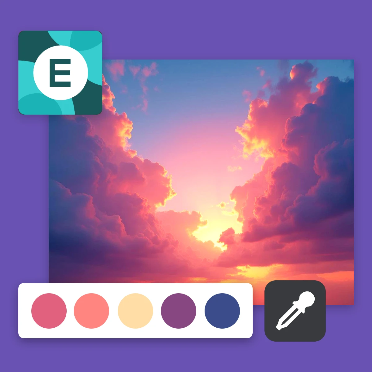 Image editing interface with a colorful sunset background and color palette tool.