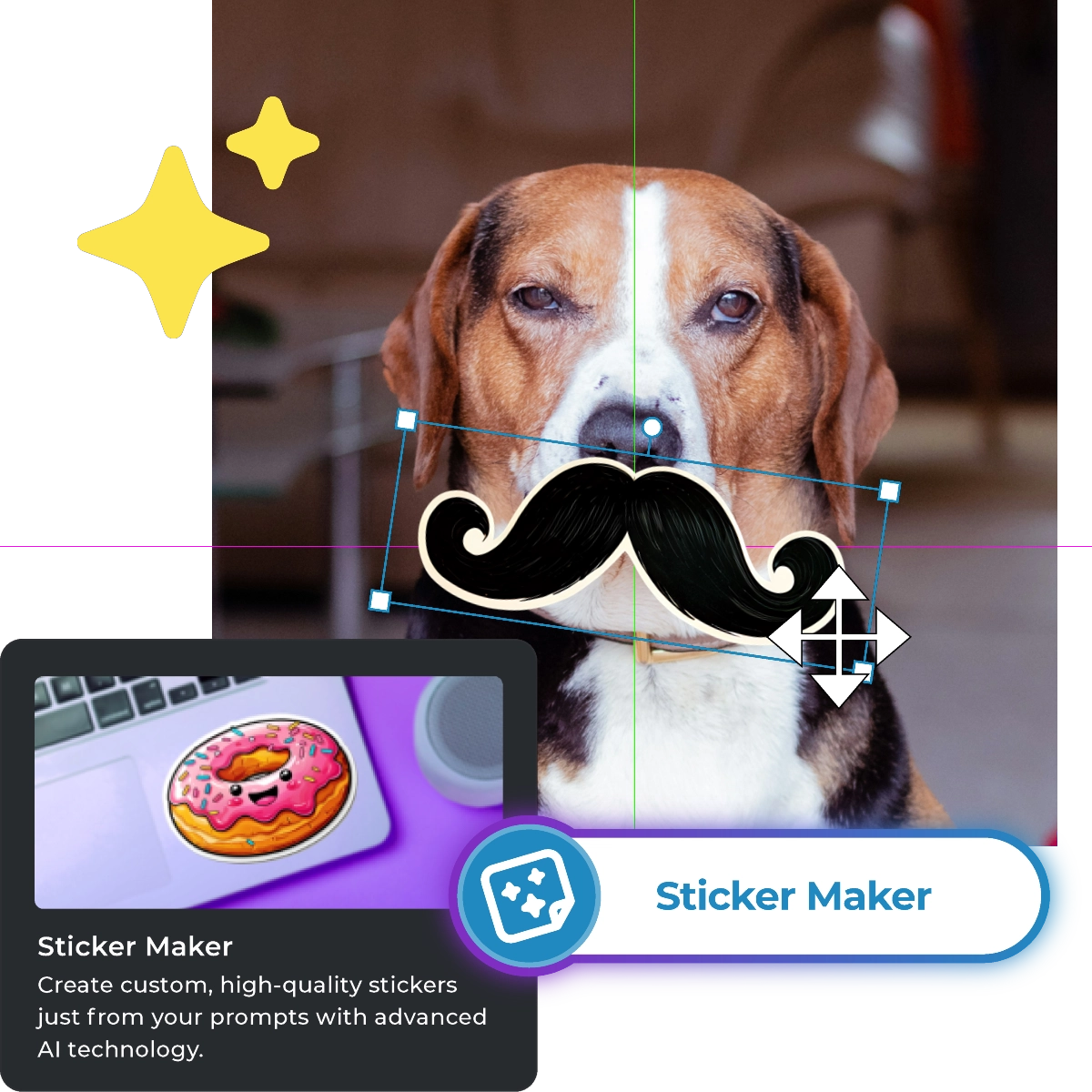 Beagle dog with cartoonish mustache overlay Yellow sparkle effects Sticker Maker interface Cute donut sticker on laptop UI elements for editing
