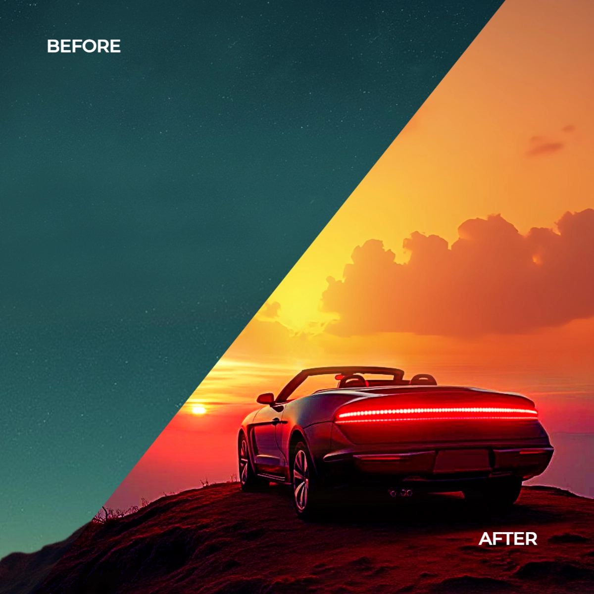 Split-image showing a car at sunset, with 