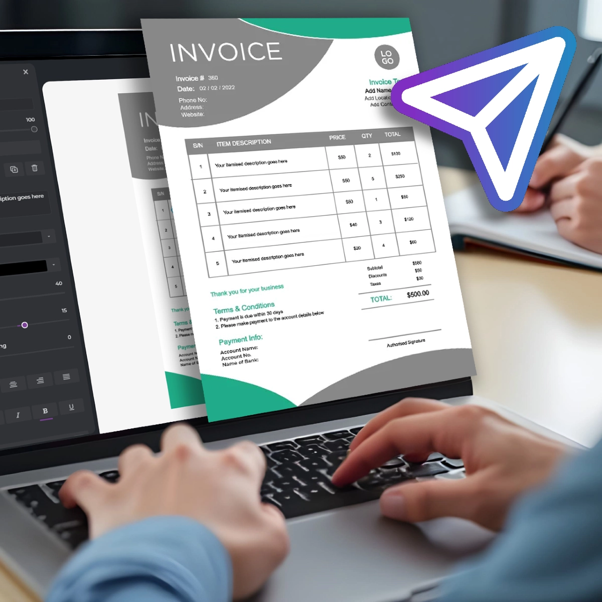 Invoice template on laptop screen with gray and green design. User editing interface visible. Purple paper plane icon overlaid. Hands typing on keyboard in foreground.