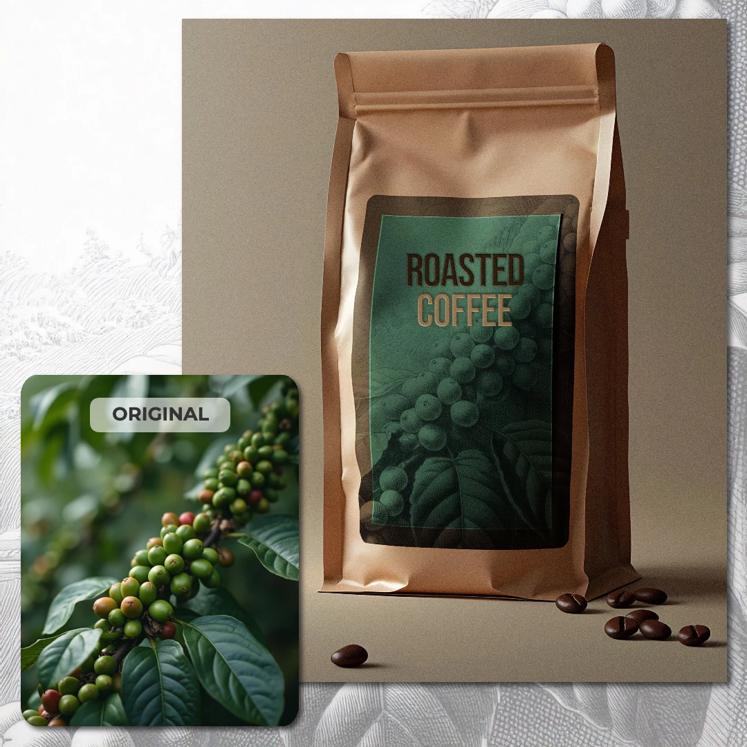 A package of roasted coffee beans with a coffee plant image inset.