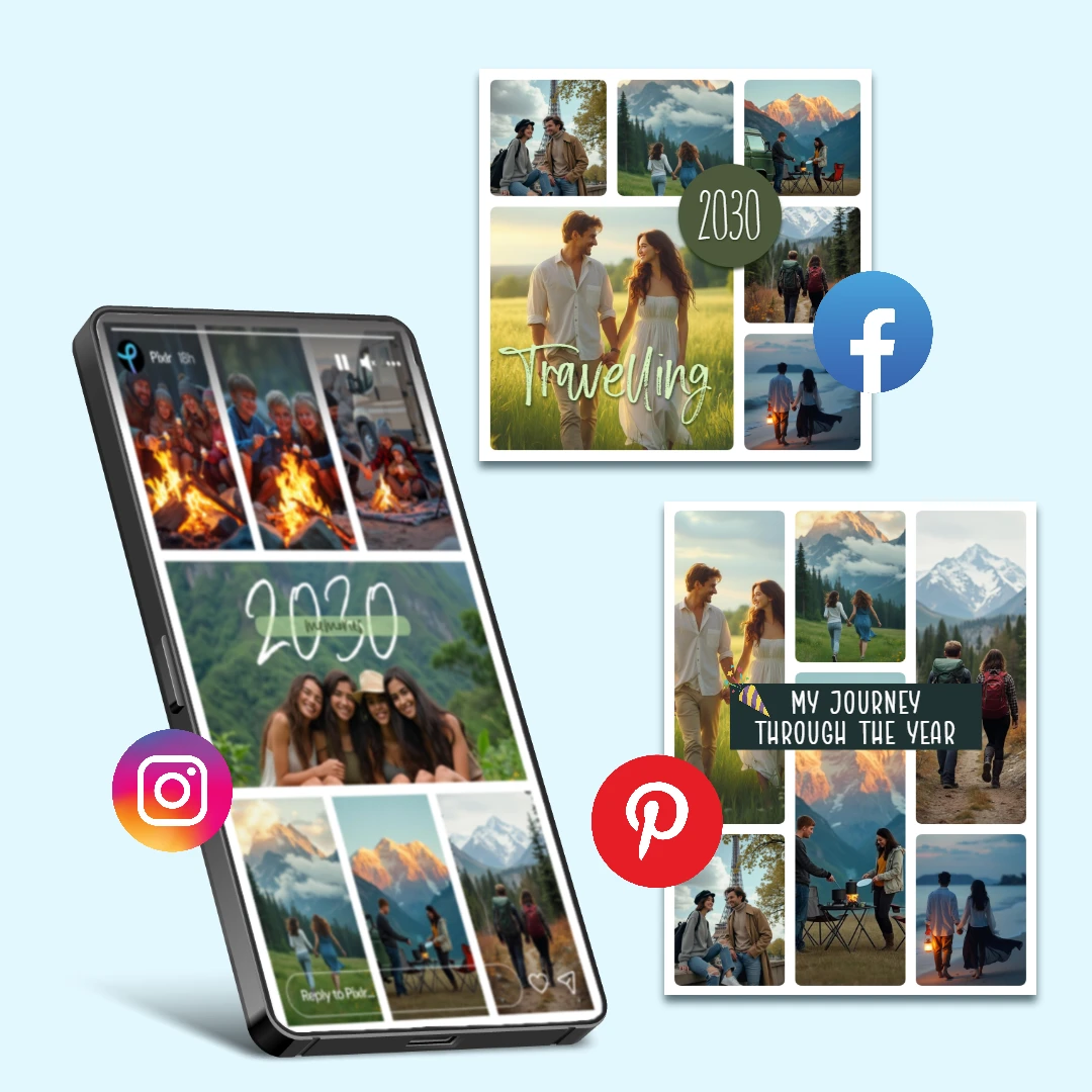 Smartphone displaying travel photos with Instagram, Facebook, and Pinterest icons.