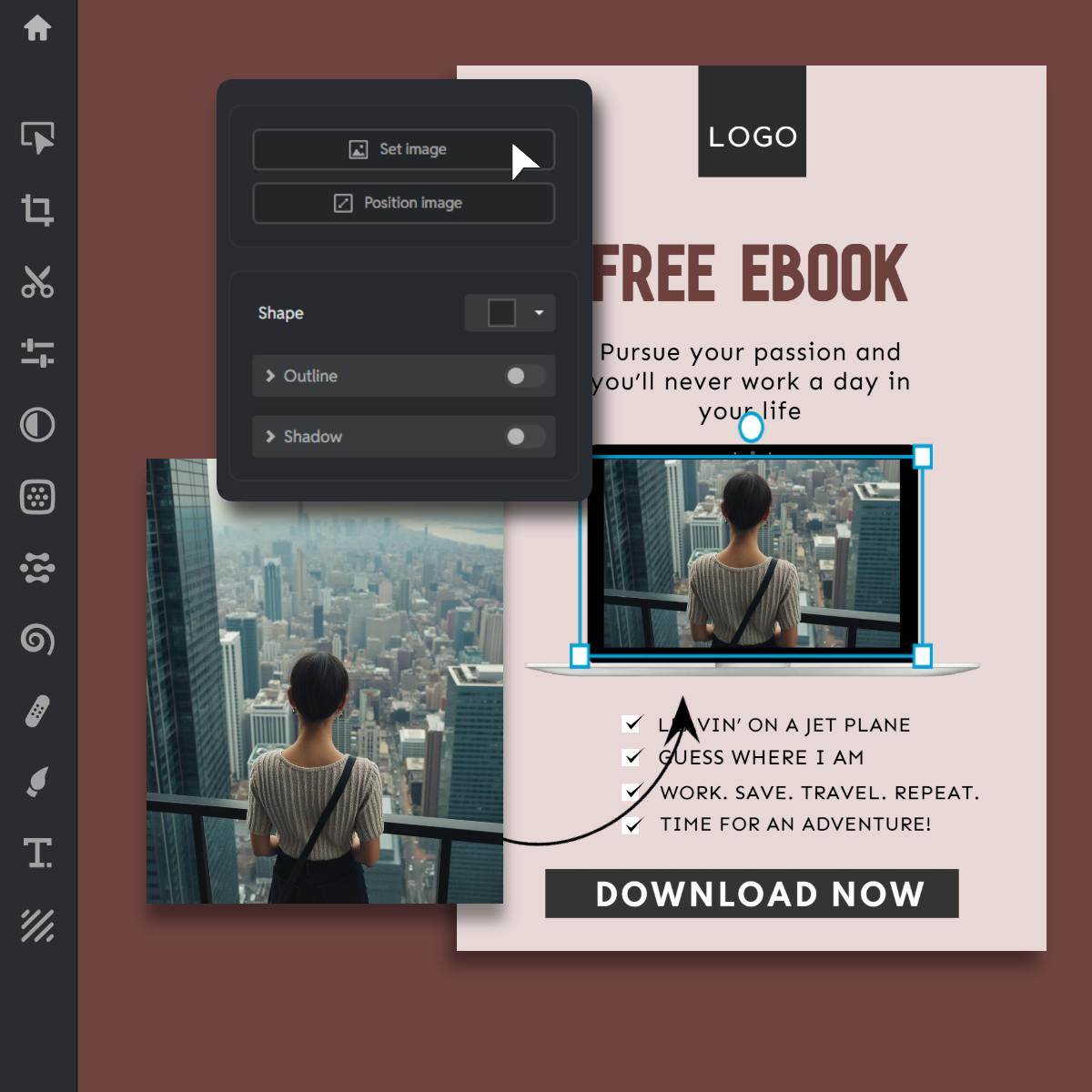 Ebook cover design interface. Free ebook offer with city skyline image. Woman overlooking urban view. Travel themed bullet points. Download button. Editing tools for image and shape customization visible.