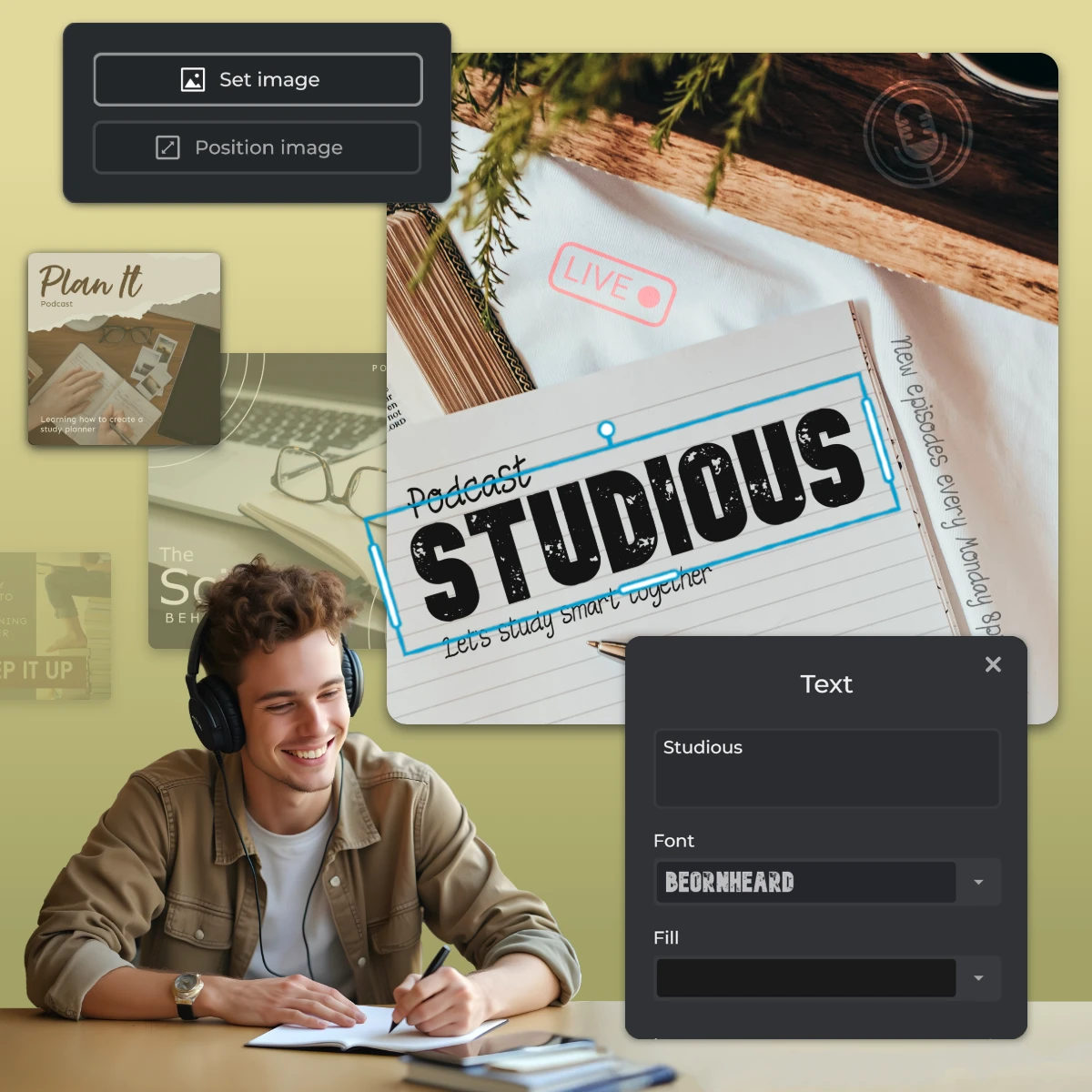 Podcast editor interface showing Studious logo, smiling student with headphones, editing options, and various podcast-related elements. Blend of study and technology themes.