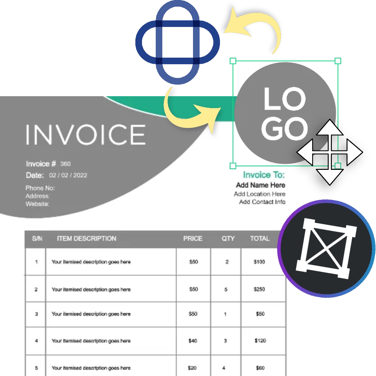 Invoice template with editing interface. Gray and green design, logo placeholder. Icons for customization tools. Table for item details. Dark background with design elements.