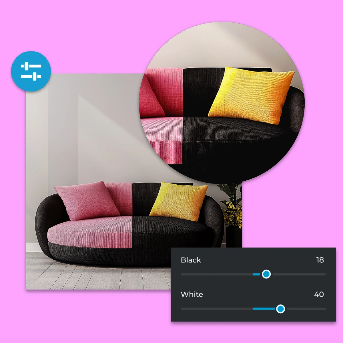 Modern sofa with pink and black sections and yellow cushions, beside color adjustment controls.