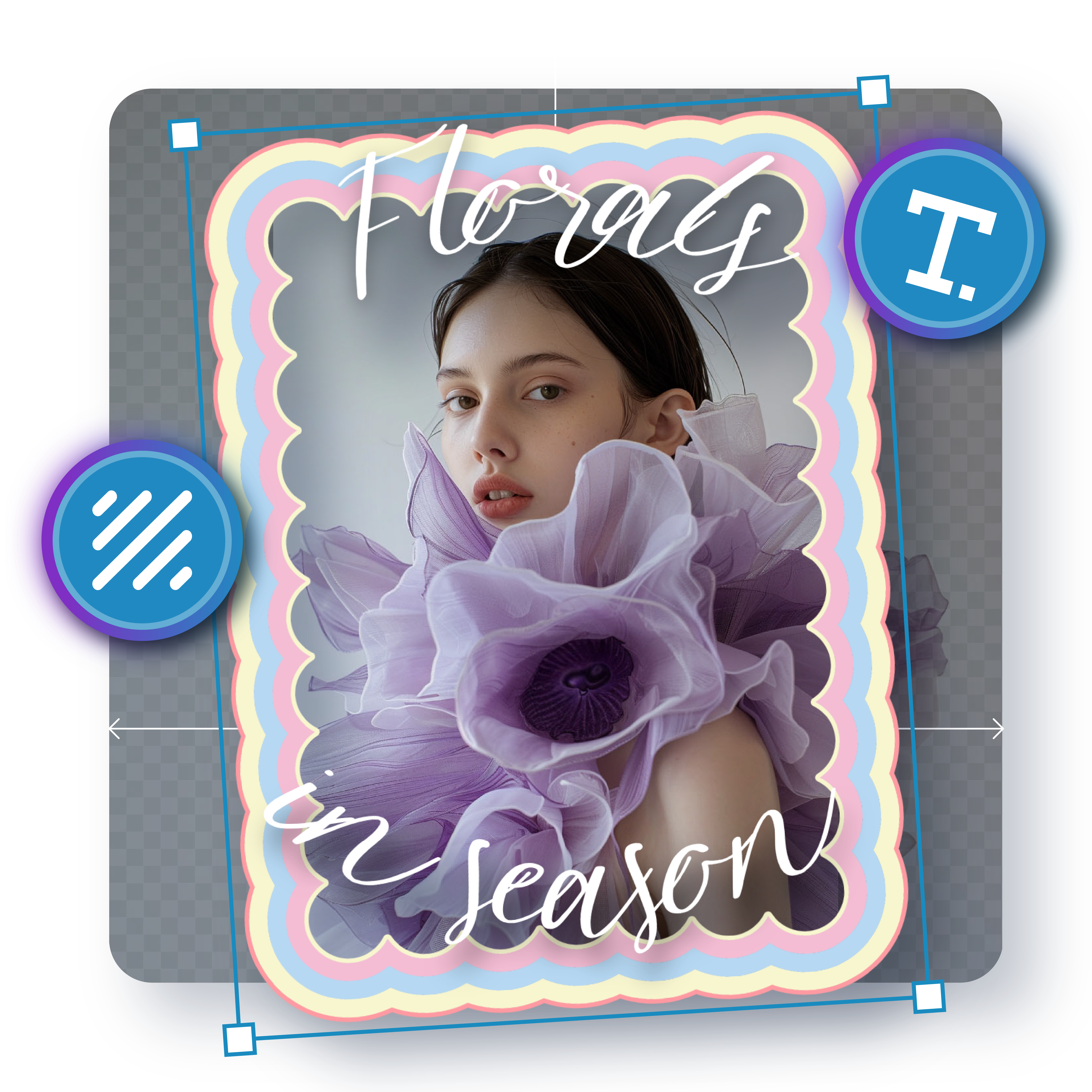 An artistic image featuring a model framed with pastel scalloped borders, enhanced with Pixlr’s Liquify Tool and text editing icons for added creative flair.