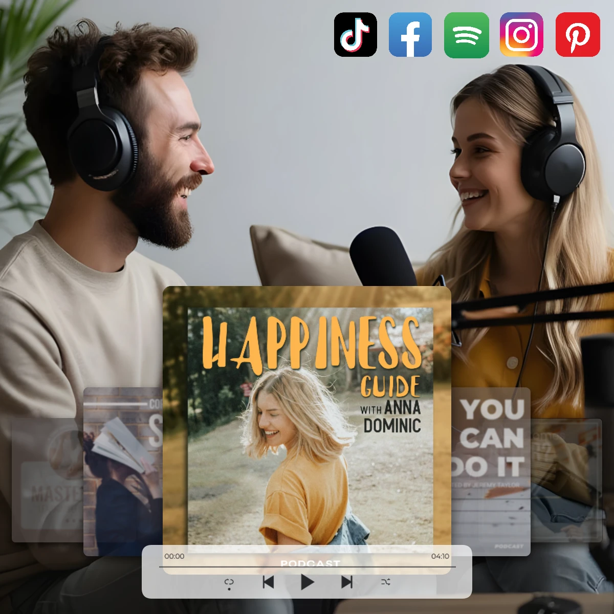 Podcast hosts recording Happiness Guide show. Smiling couple with headphones and mic. Album cover features blonde woman. Social media icons, motivational quotes, and podcast player visible.
