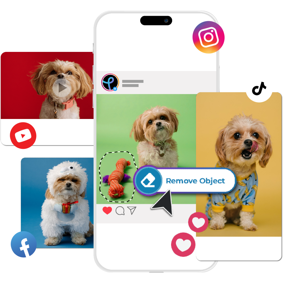 A collage featuring a dog in various poses on a smartphone interface with social media icons.