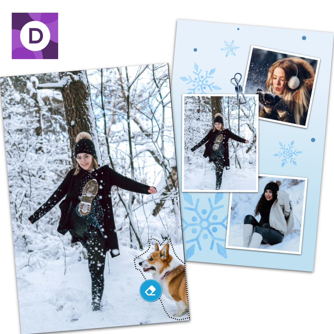 Collage of winter scenes with a person in snow and a corgi, stylized as a digital photo collection.