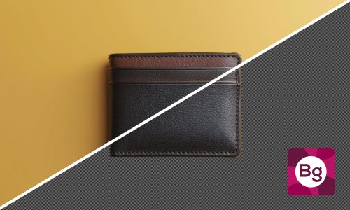 Black leather wallet on a two-tone yellow and gray background.