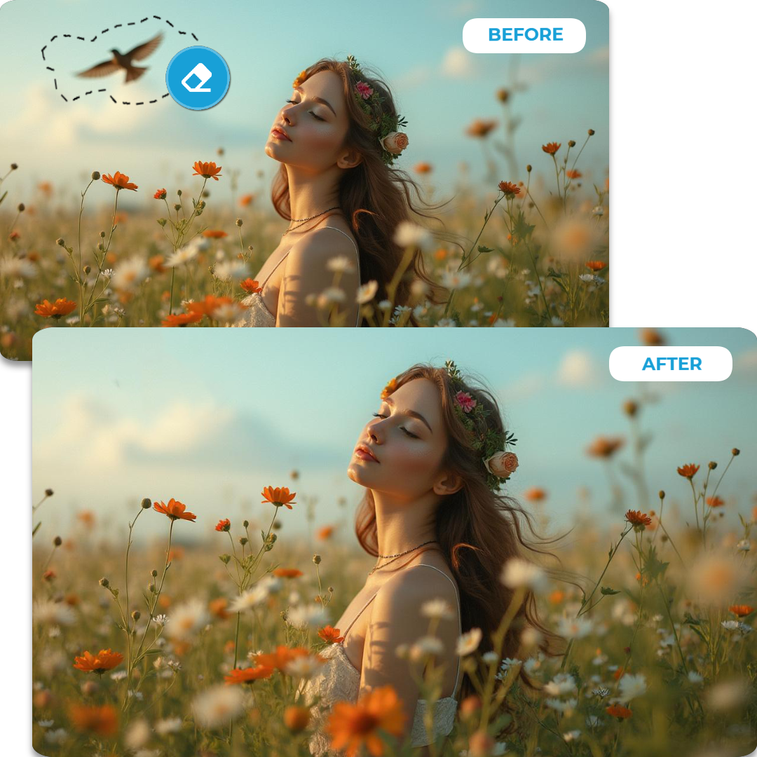 Person in a flower field with a floral crown, before and after editing comparison.