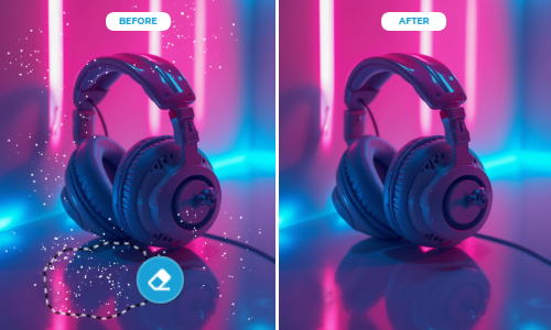 Before and after images showing headphones, with cleaner, more vibrant colors in the 