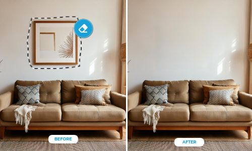 A before-and-after comparison of a living room wall, with a picture frame straightened on the wall in the after image.