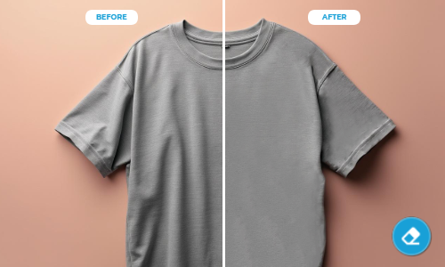 Before and after comparison of a grey t-shirt on a peach background, left wrinkled and right smoothed.