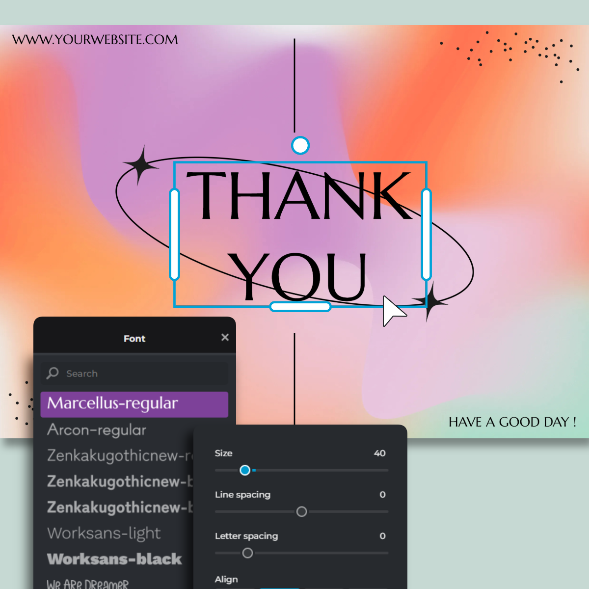 Thank you card design interface. Colorful gradient background. Large THANK YOU text in blue frame. Font selection and text customization menus visible. Website URL and Have a good day message included.