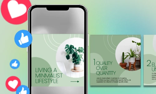 Smartphone screen with a social media post , featuring houseplants and captions, and reactions including likes and hearts.