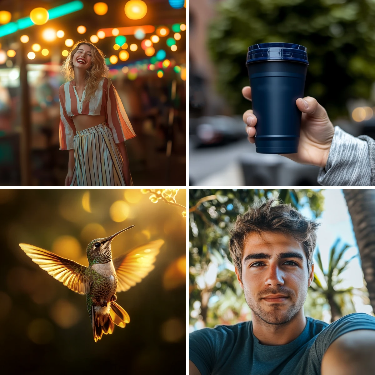 Collage of four images: a woman in a cafe, hand holding a tumbler, hummingbird in flight, and a man with obscured face.