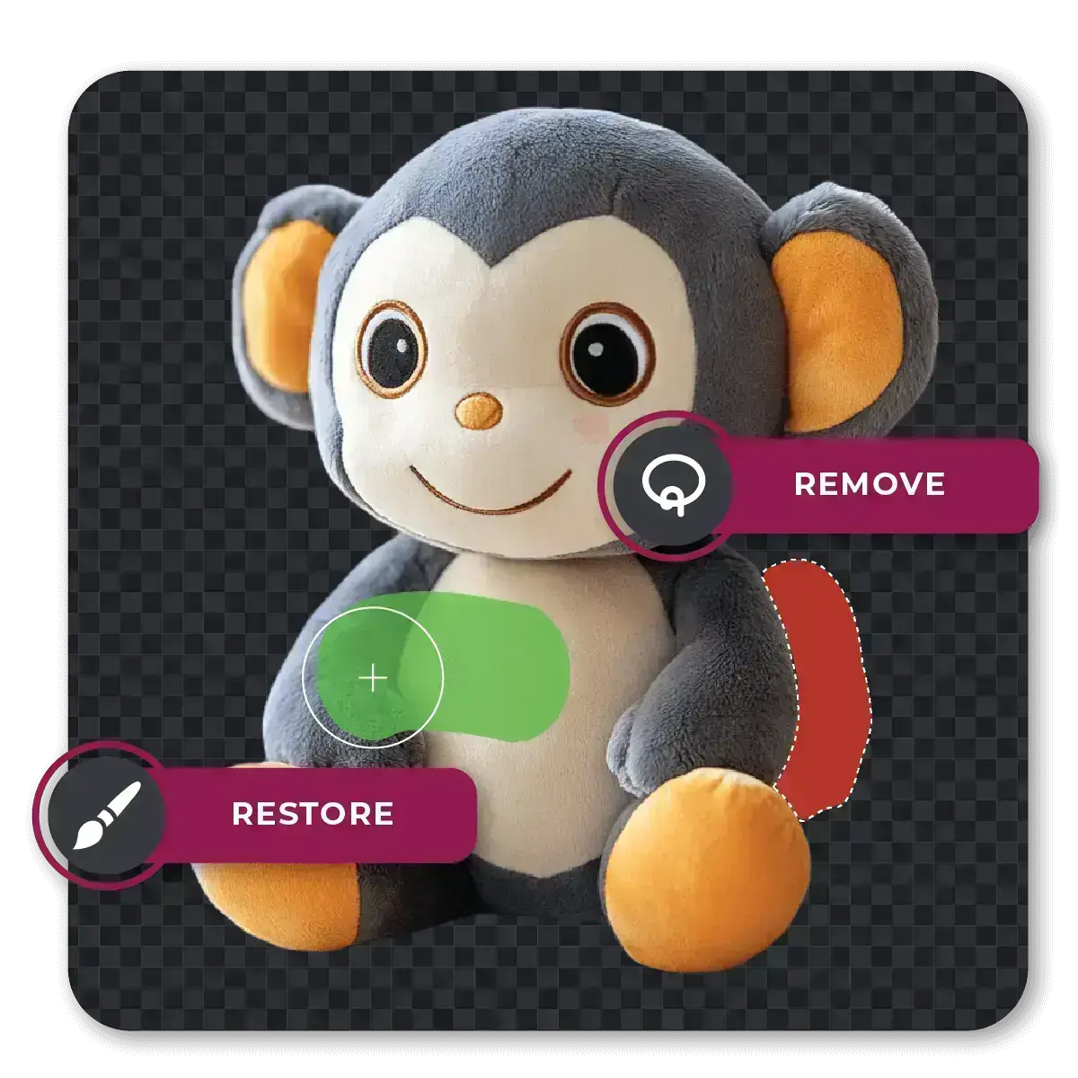 A plush monkey toy shown with editing interface icons for remove and restore options.