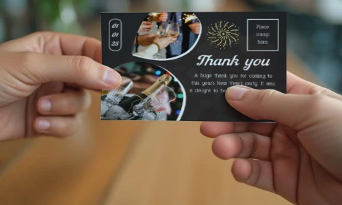 Hands holding thank you card Black design with circular photos Toasting glasses Money gifts Text expressing gratitude Placeholder for photo Firework graphic