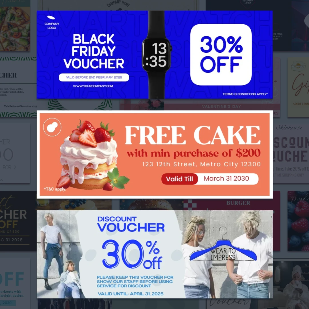 A vibrant collection of promotional banners includes a Black Friday voucher, a free cake offer, and a 30% discount voucher.