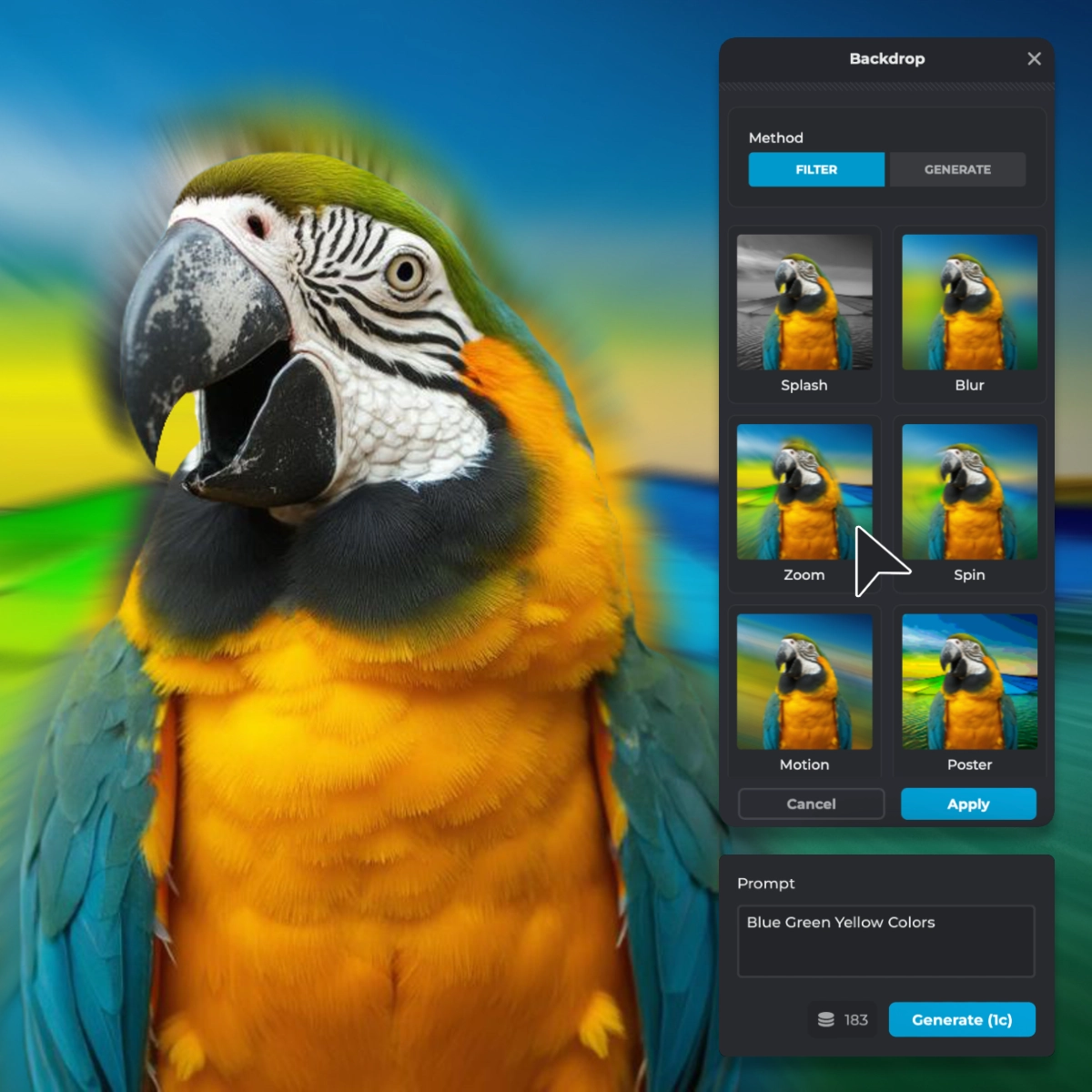 Close-up of a colorful macaw with a backdrop editing interface showing various effects.