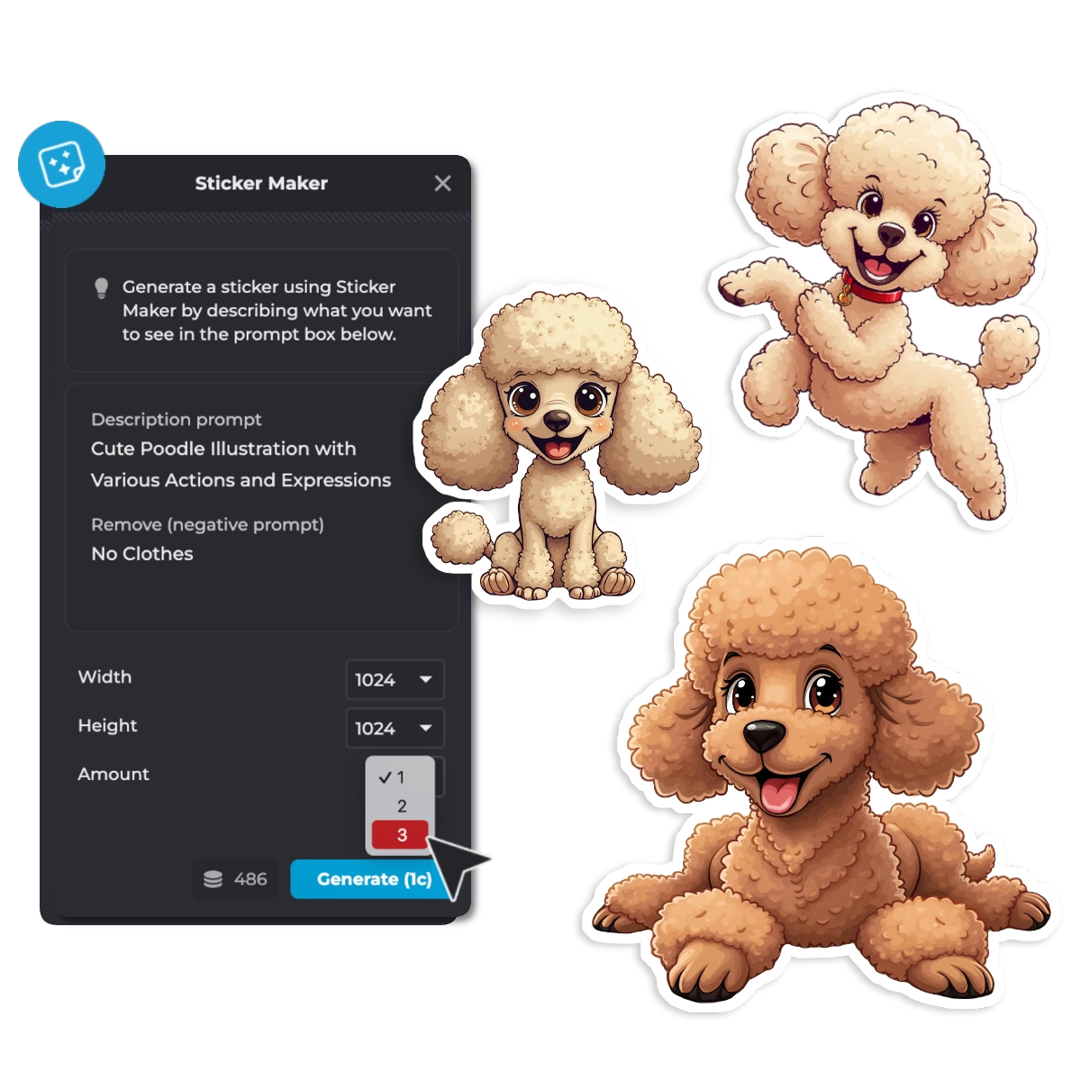 A software interface for a sticker maker with illustrations of a cute poodle in various poses.