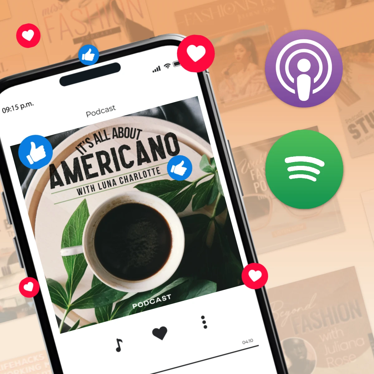 Smartphone displaying Americano podcast cover with coffee cup. Social media icons, likes, and podcast app symbols surround the screen. Fashion magazine background visible.