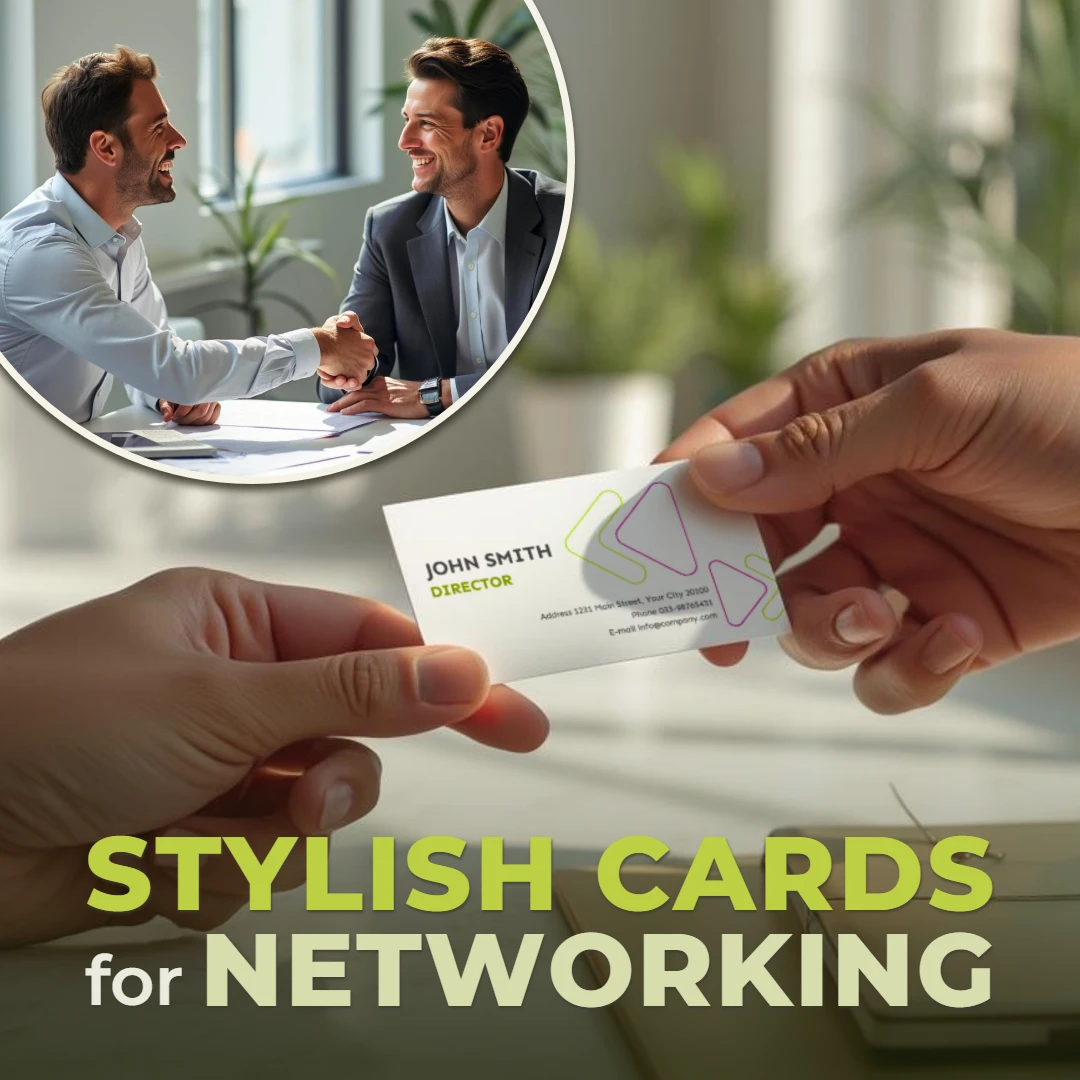 Image promoting stylish business cards for networking. Two hands exchange a card with the name 